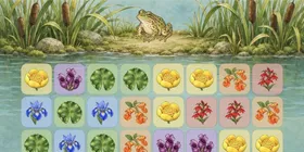 The Pond in Garden Match, with watercolor plant tiles and a frog beside the water.