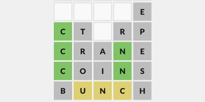 A Stacky Letters game in progress, with stacked guesses and green, yellow, and gray letter hints.